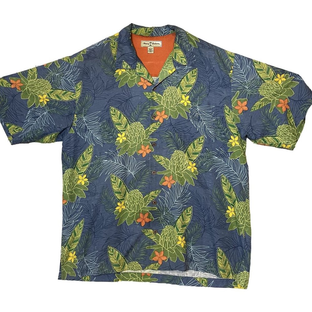 Tommy Bahama Blue and Green Floral 100% Silk Men's Short Sleeve Hawaiian Shirt L